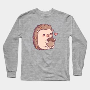 Cute Little Hedgehog With Autumn Leaves And Acorn Long Sleeve T-Shirt